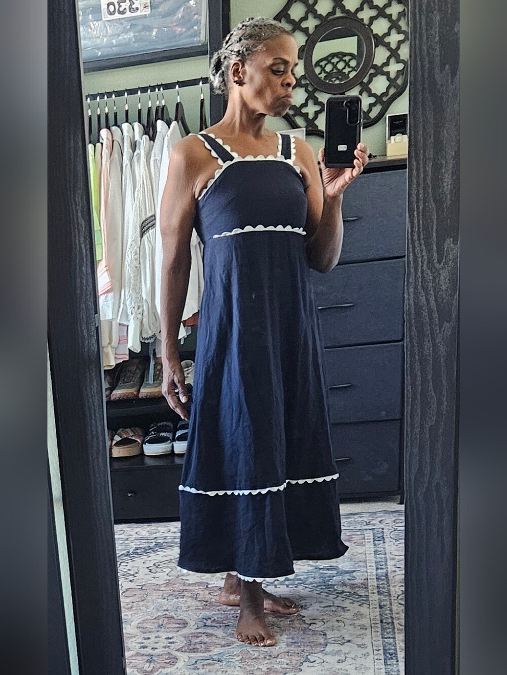 Cynthia Rowley Navy Maxi Dress with White Scallop Trim #926